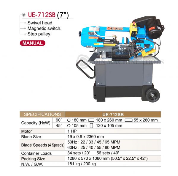 UE-712SB เครื่องเลื่อยสายพาน 7นิ้ว เครื่องเลื่อยไต้หวัน "DIN MACHINE" บริษัทมีบริการหลังการขายตลอดอายุการใช้งาน มีอะไหล่จากโรงงานพร้อมจำหน่าย