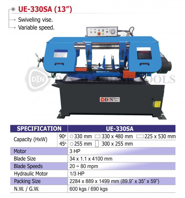 UE-330SA เครื่องเลื่อยสายพาน13นิ้ว(Semi-Auto) เครื่องเลื่อยไต้หวัน "DIN MACHINE" บริษัทมีบริการหลังการขายตลอดอายุการใช้งาน มีอะไหล่จากโรงงาน